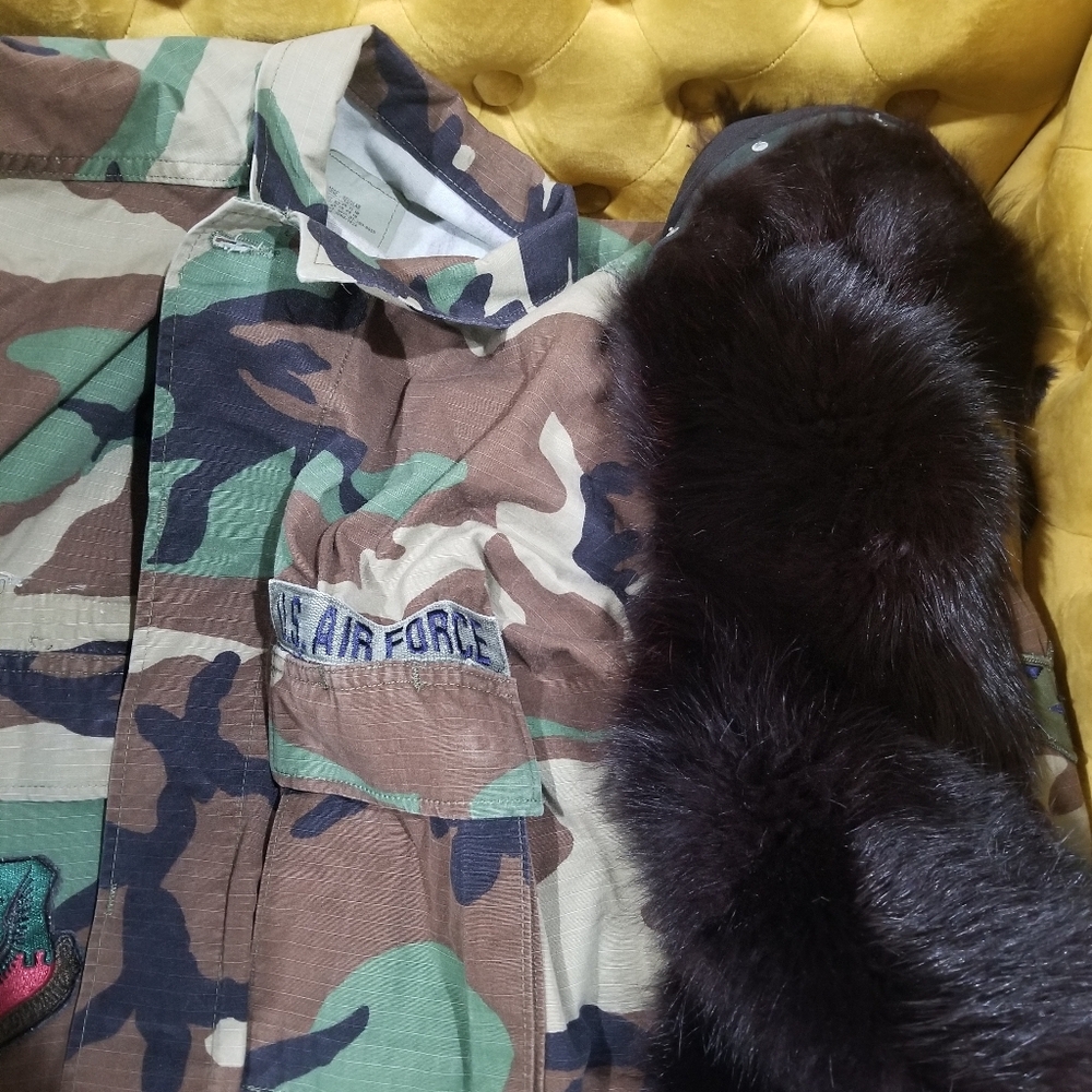 Camouflage Faux Fur Trim Army Patch Jacket - Picture 4 of 4